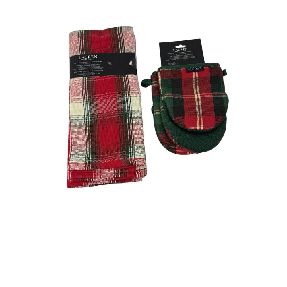 NWT Ralph Lauren Stewart Plaid Kitchen Towels & Mini Mitts Set Christmas Holiday - Picture 10 of 10